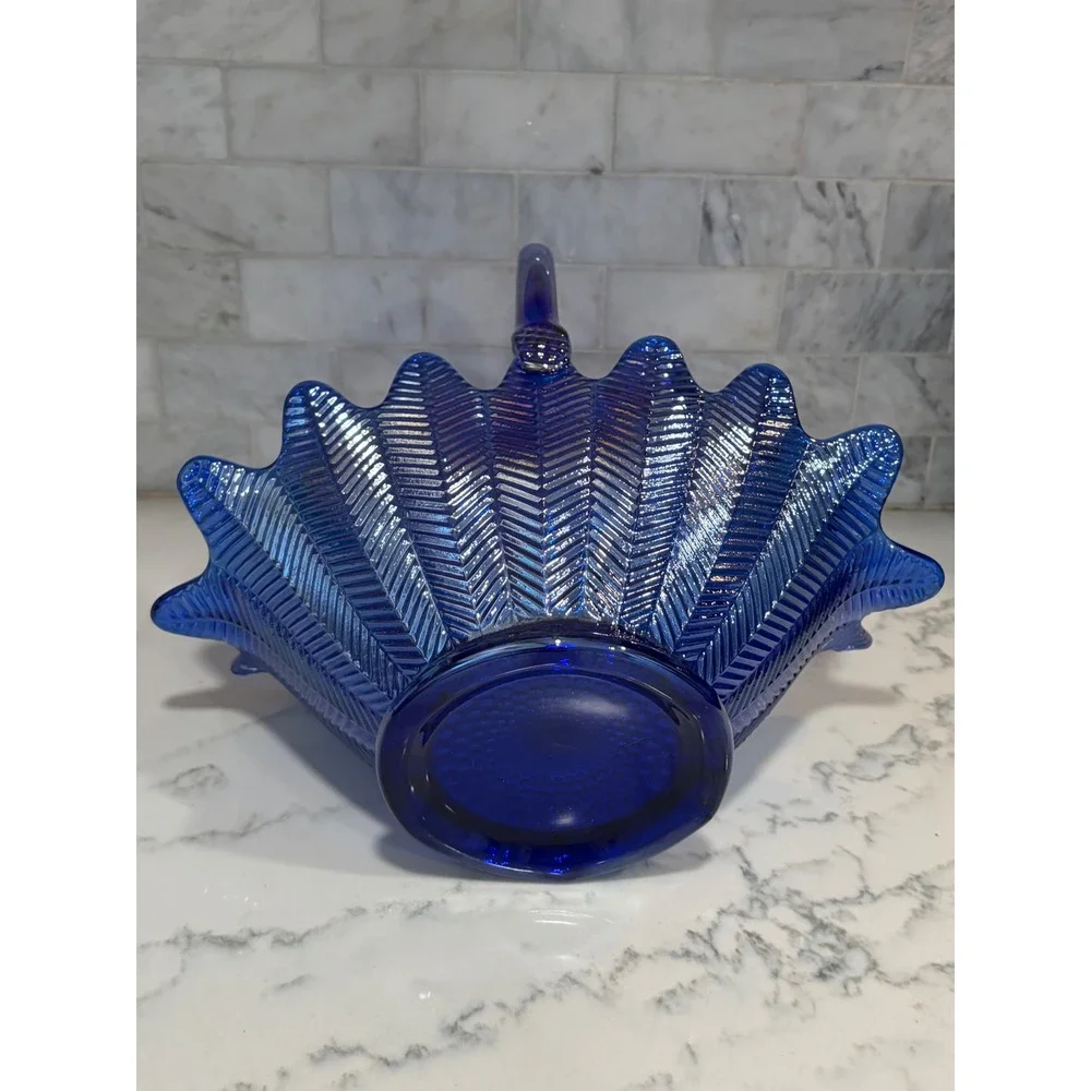 Vintage Cobalt Blue Carnival Glass Basket Iridescent Herringbone Pattern Decor